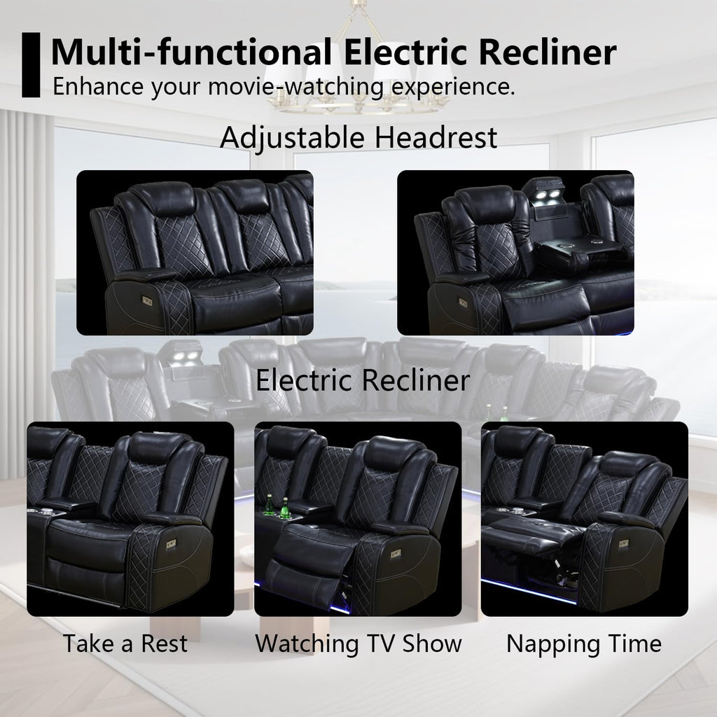 Black Leather Power Reclining Sectional Sofa, Sectional Couch with Recliner, L Shaped Recliner Sofa with LED Light/Read