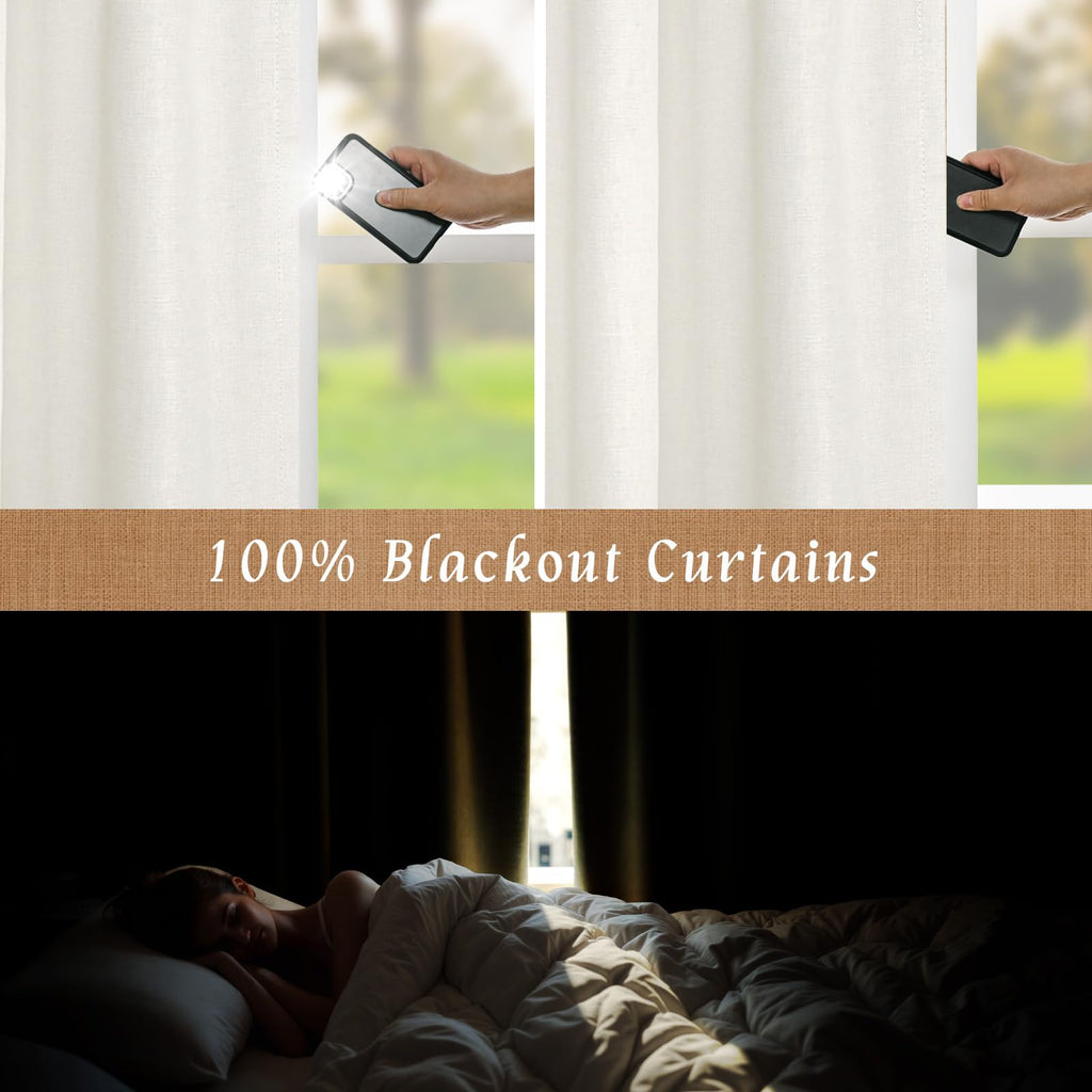 Extra Wide 100% Ivory White Blackout Linen Curtains 63 Inch Length