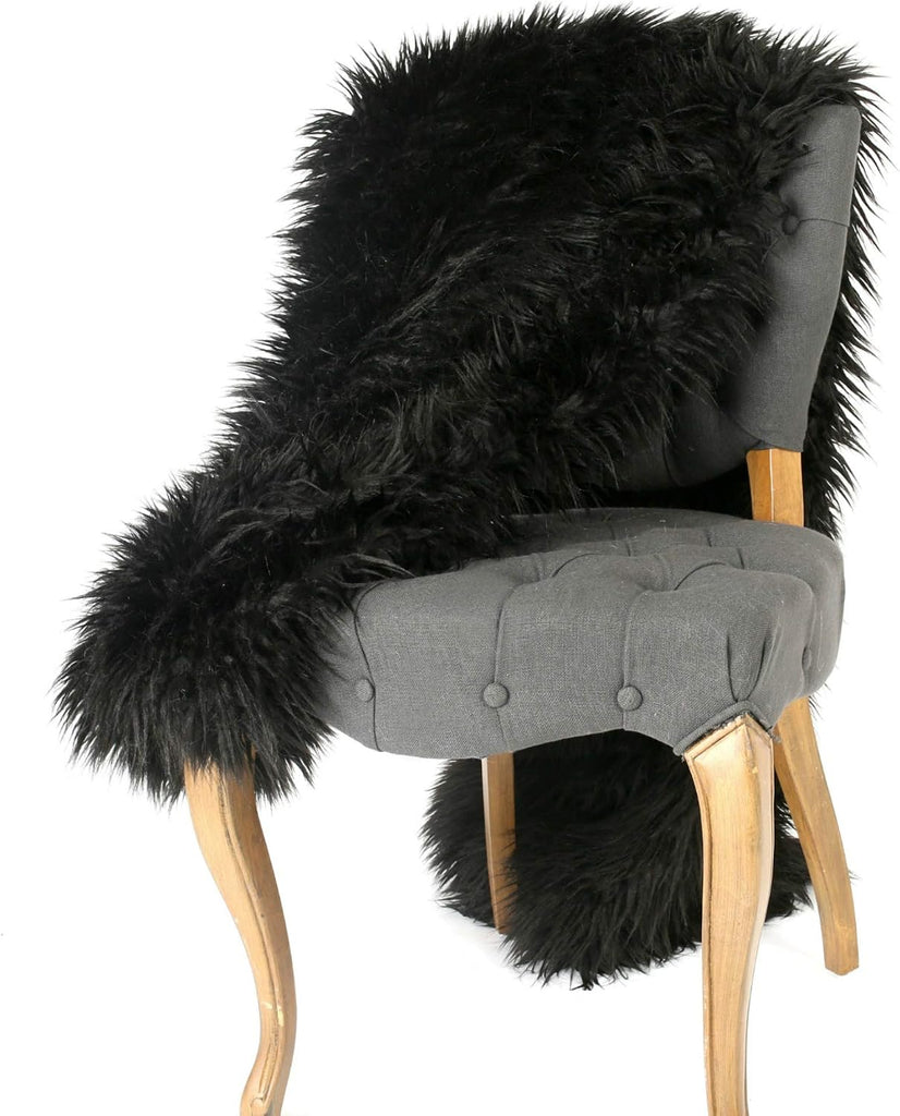 Designer Faux Fur Throw Blanket -Long Hair Luxury Fur - Charcoal Black