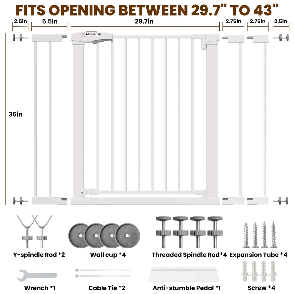 36" Extra Tall Baby Gate for Stairs, 29.7-43" Auto Close Dog Gate