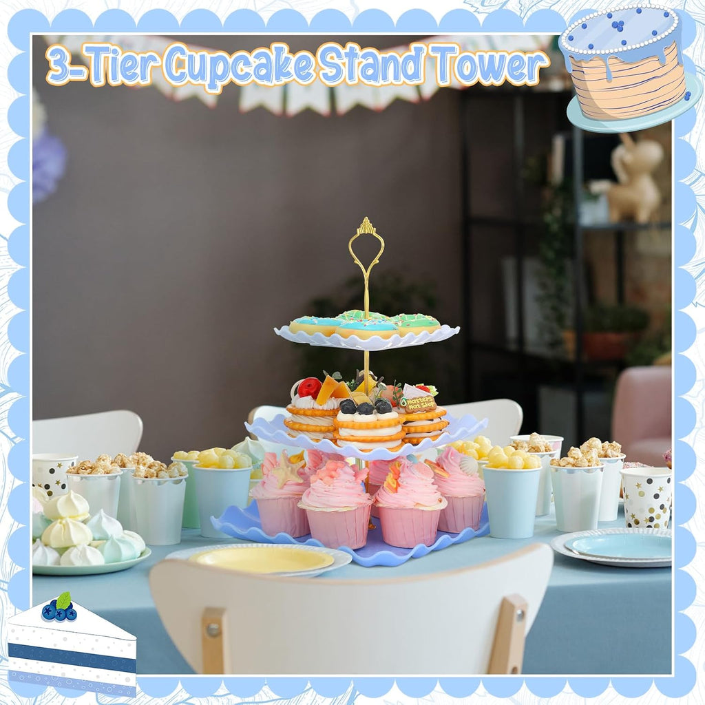 Scalloped Cupcake Stand Dessert Plates Plastic Square Tiered Serving Stand Display Tower for Wedding, Birthday - Set of 2