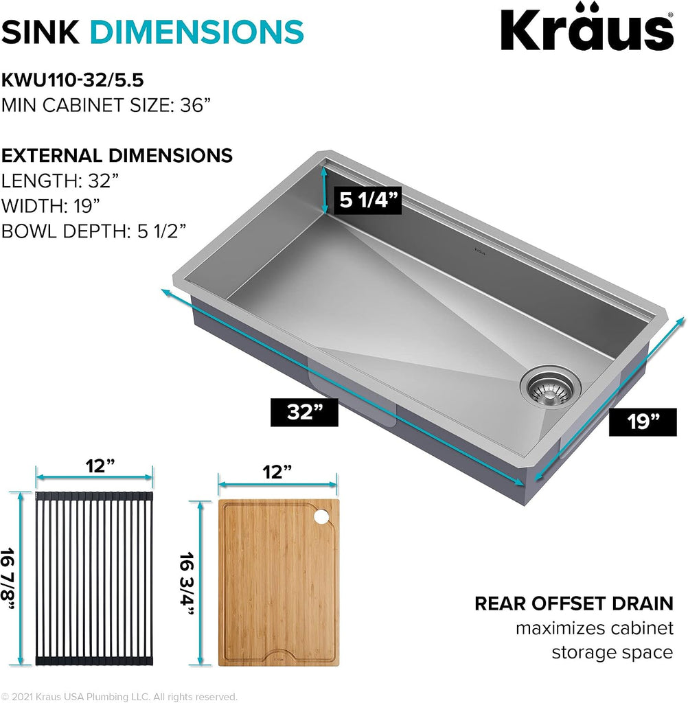 Kore ADA Workstation 32-inch Undermount 16 Gauge Stainless Steel Kitchen Sink, Single Bowl Kitchen Sink with