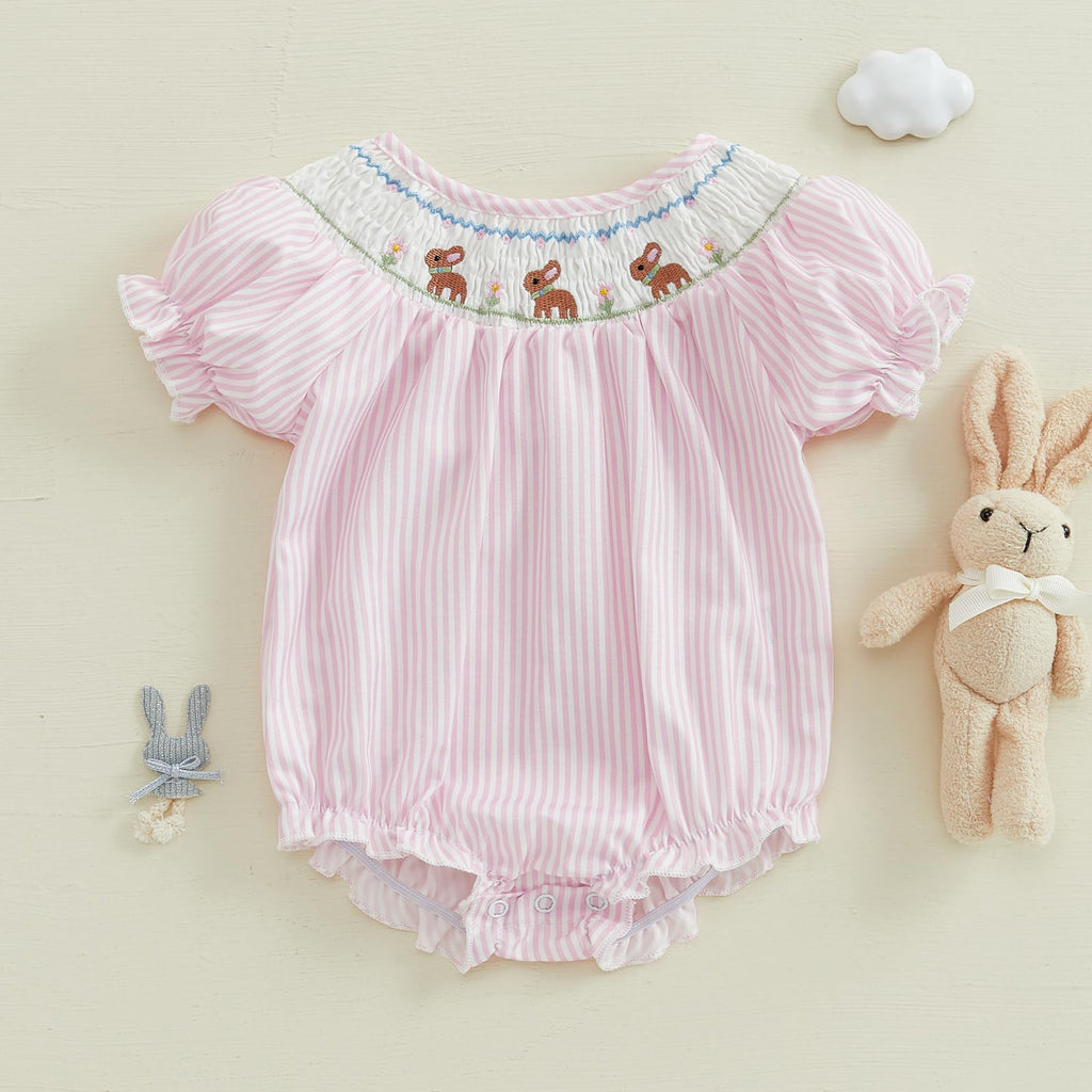 Easter Baby Girl Outfit Bunny Embroidery Bubble Romper Puff Short Sleeve Smocked Bodysuit Newborn Easter Clothes