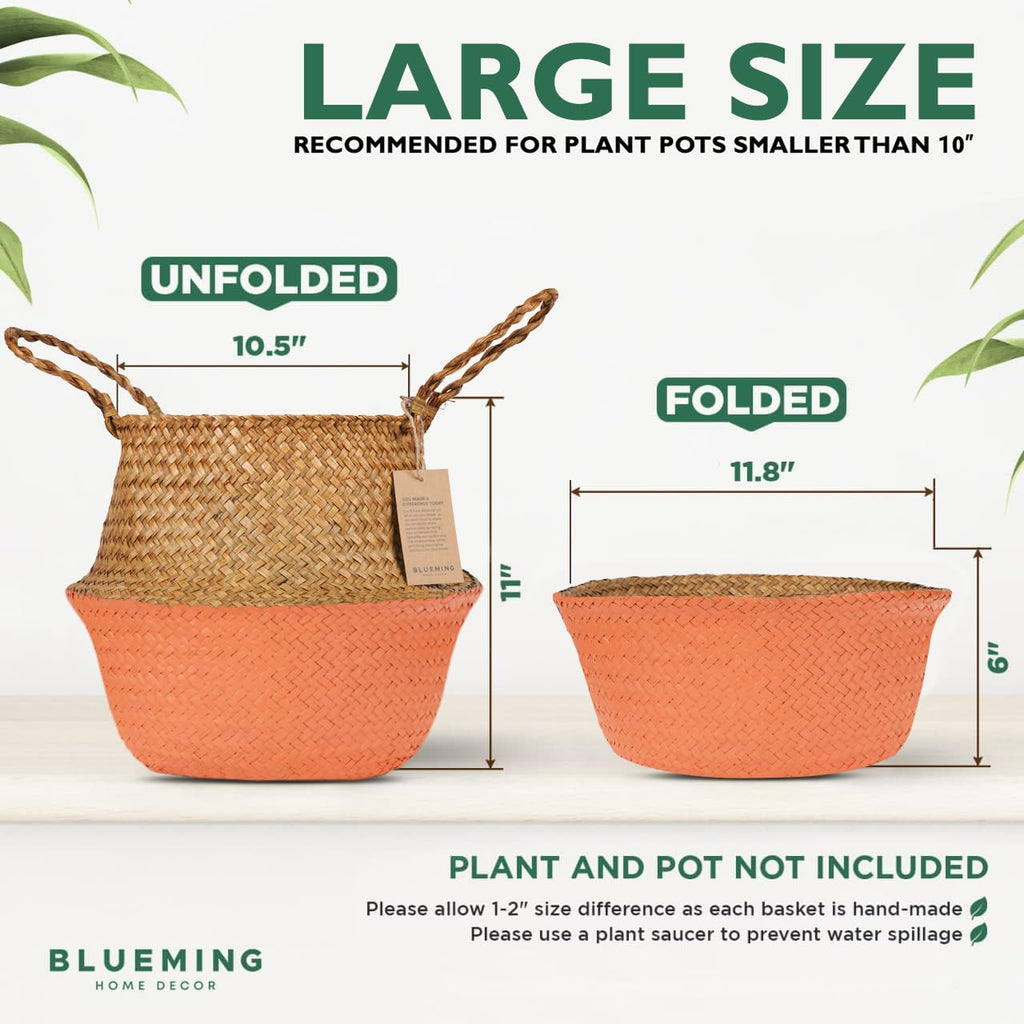 Large Wicker Planter Basket - 12 Inch Seagrass Plant Pot in Boho Orange for Olive Trees, Faux Plants, or Indoor