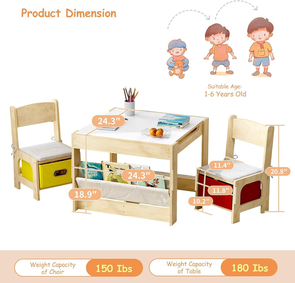 Kids Table and 2 Chairs Set, Wooden Toddler Activity Table with Adjustable Drawing Tabletop, Safety Hinges, Storage