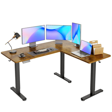 Corner Standing Desk Electric Dual Motor 63 x 55 Inch Rustic Brown