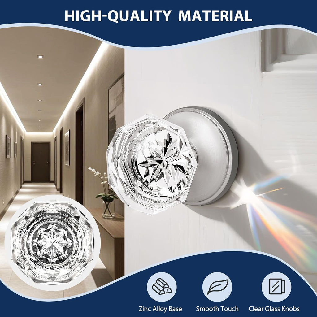 Dummy Crystal Door Knobs with Diamond Shape in Satin Nickel Finish, Inactive Non-Turning Single Side Interior Dummy