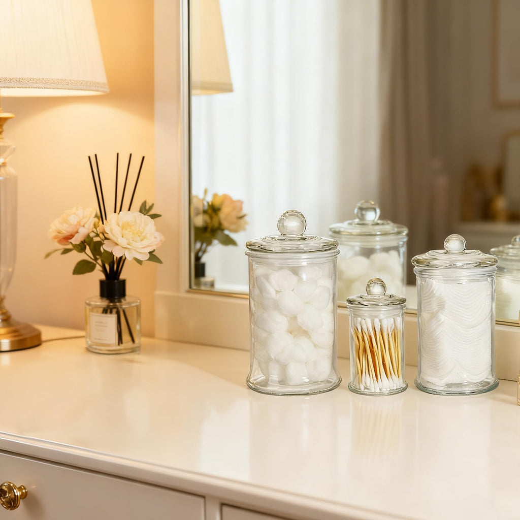 Set of 3 Glass Apothecary Jars with Lids, Bathroom Canisters Storage Container Jars, Decorative Small Glass