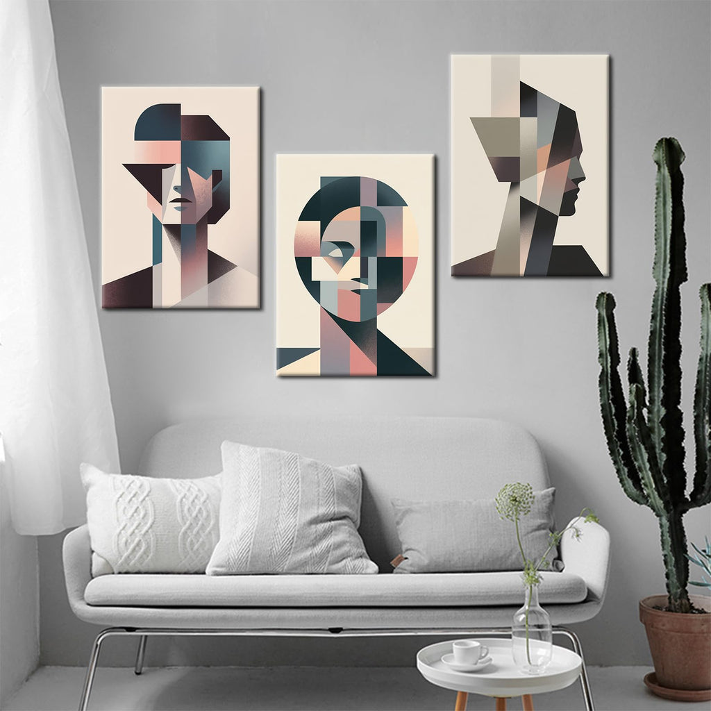 Geometric Faces Triptych Canvas Wall Art, Modern Figure Room Decor