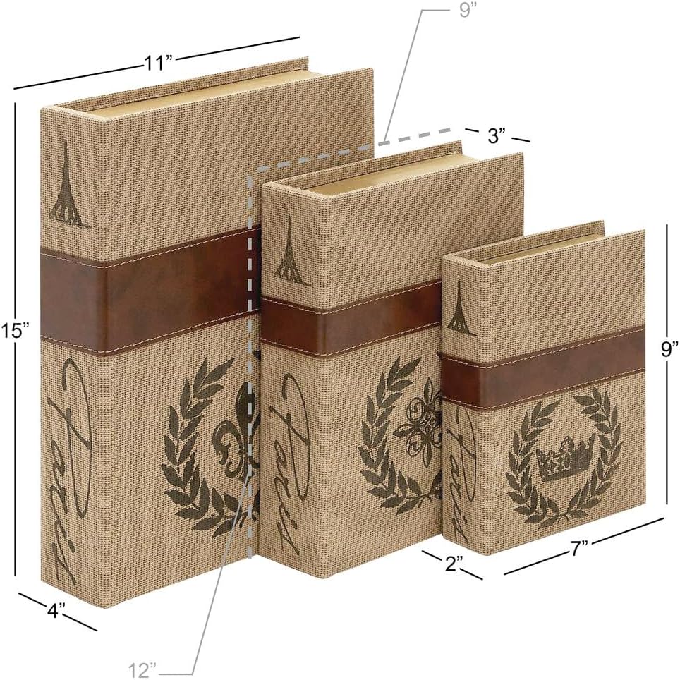 Decorative Book Boxes Set of 3 - Modern Faux Linen & Wood Hidden Storage Boxes for Coffee Table - Stackable Fake