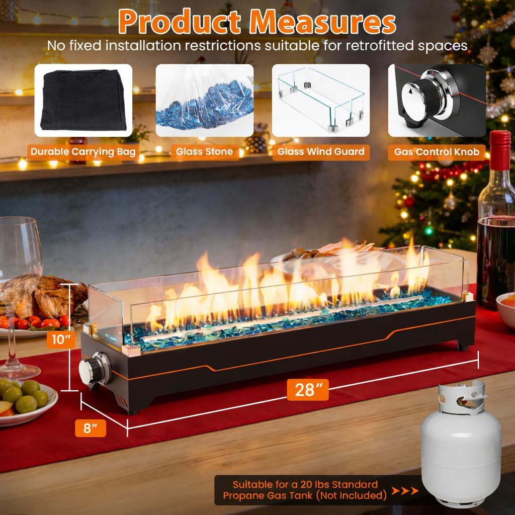 28" Table Top Propane Fire Pit, 45,000 BTU Tabletop Gas Fire Pit, Tabletop Firepit