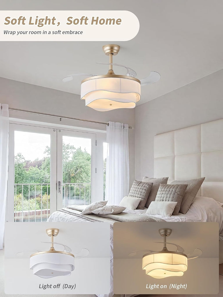 42" Gold Retractable Ceiling Fan with Light, Boho Fandelier Ceiling Fans Remote Control, Caged Chandelier with Fans
