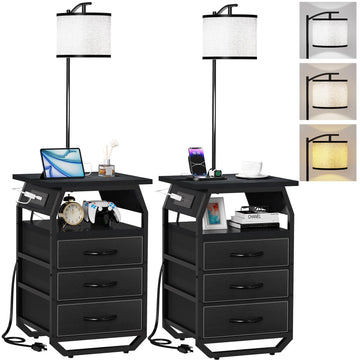 Floor Lamp with Table Set 2, End Table with Light & Charging, Black