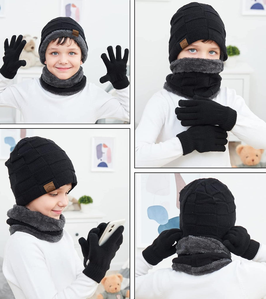 Kids Winter Beanie Hat Scarf Touchscreen Gloves Set for Boys Girls Warm Skull Cap Fleece Lined Knitted Hat
