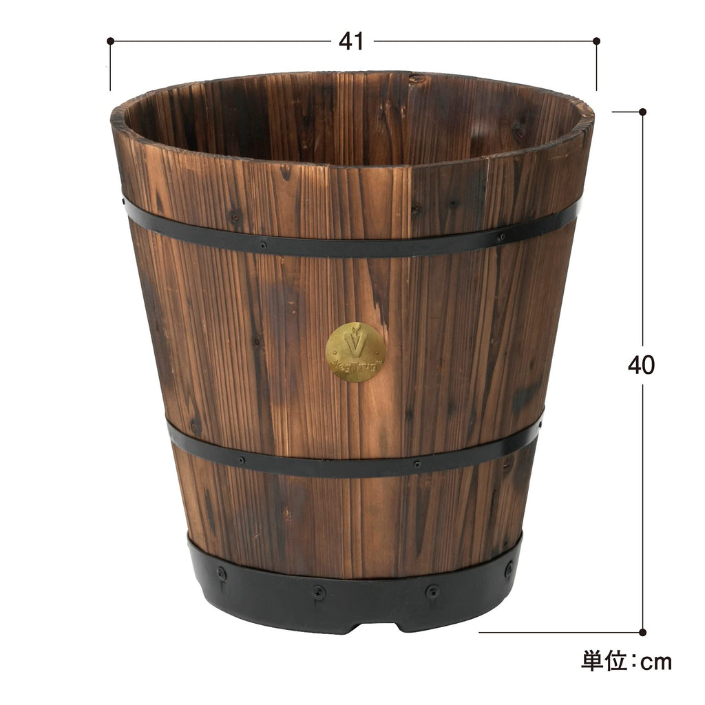 Wood Barrel Planter, Deep Type, L, Depth 16.1 x Height 15.7 x Width 16.1 inches (41 x 40 x 41 cm)
