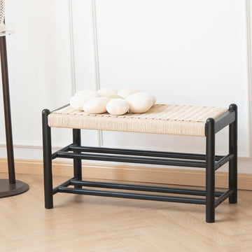 Solid Wood Entryway Bench with Shoe Storage, Rustic Oak Wood and Woven Design 31.5 Inch Long Seating for Living and
