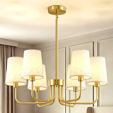 6-Light Gold Chandelier, No Assembly Modern Chandelier Light Fixture with White Linen Shades, UL Listed 25"