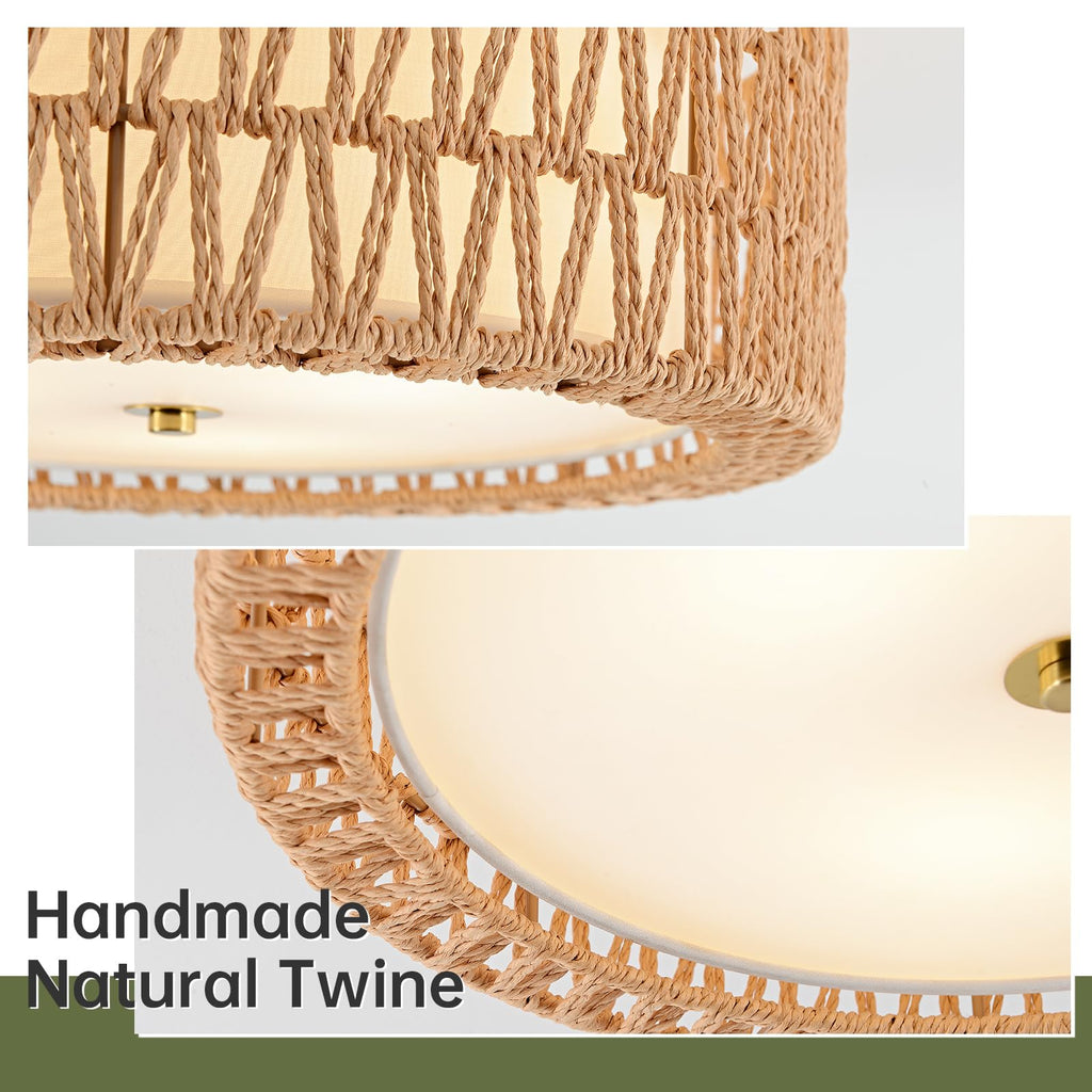 15.7" Rattan Ceiling Light, Boho Semi Flush Mount Light Fixture