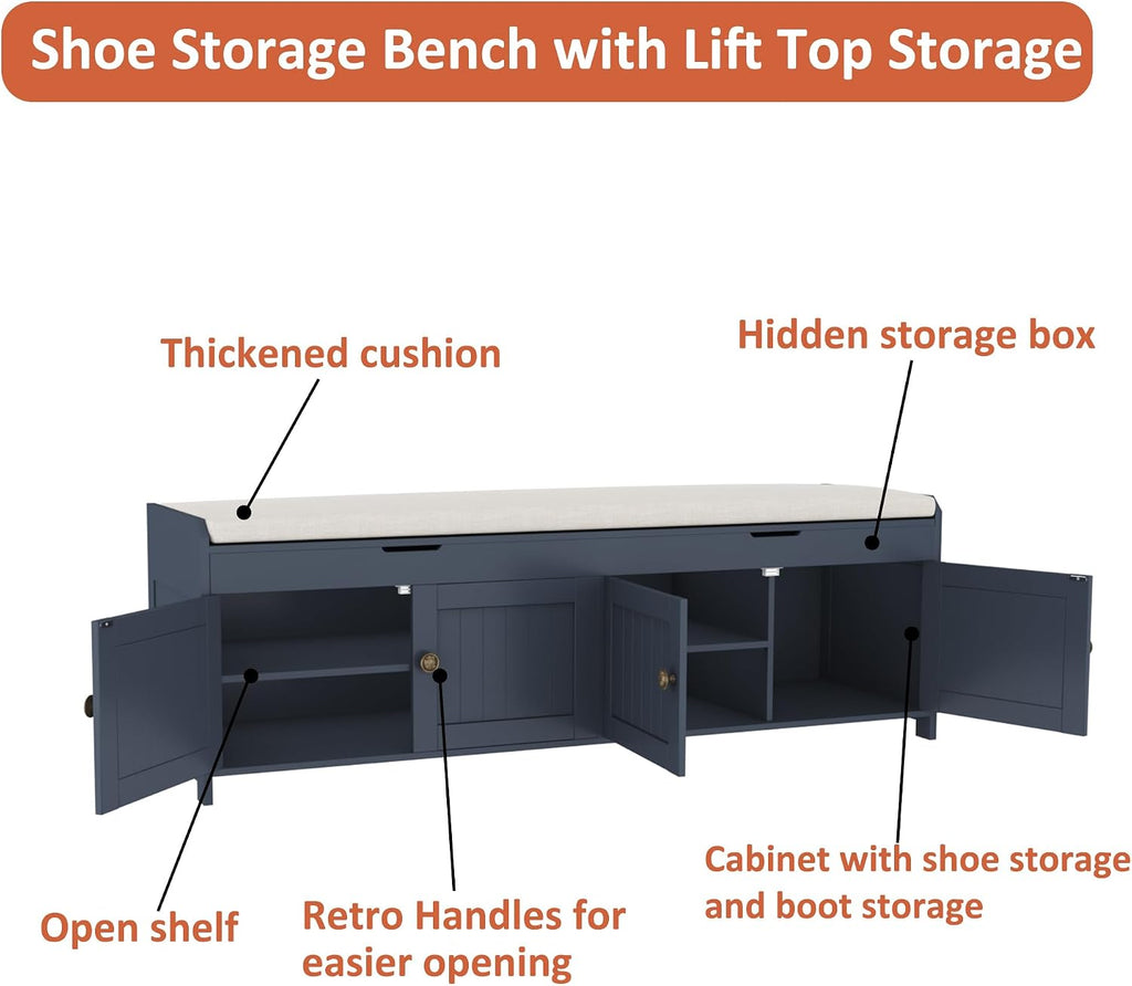 54.4" Shoe Bench with Lift Top Storage, Entryway Bench with Cushioned Seat, Wooden End of Bed Bench, Shoe Cabinet