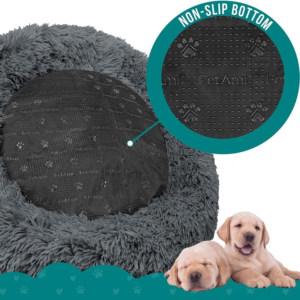 Calming Donut Dog Bed, Washable Faux Fur, Medium, Grey