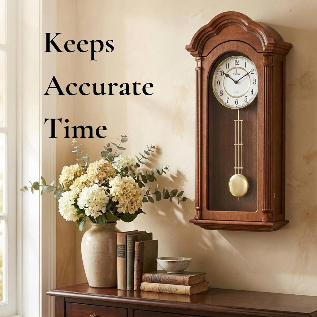 Grandfather Wall Clock with Pendulum — Large Hanging Wooden Battery Operated Non-Chiming Clock 26 x 12 inch - Quiet, Solid Wood Clock...