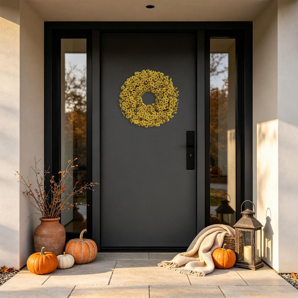 20" Yellow Fall Wreath for Front Door, Artificial Mums Autumn Wreath