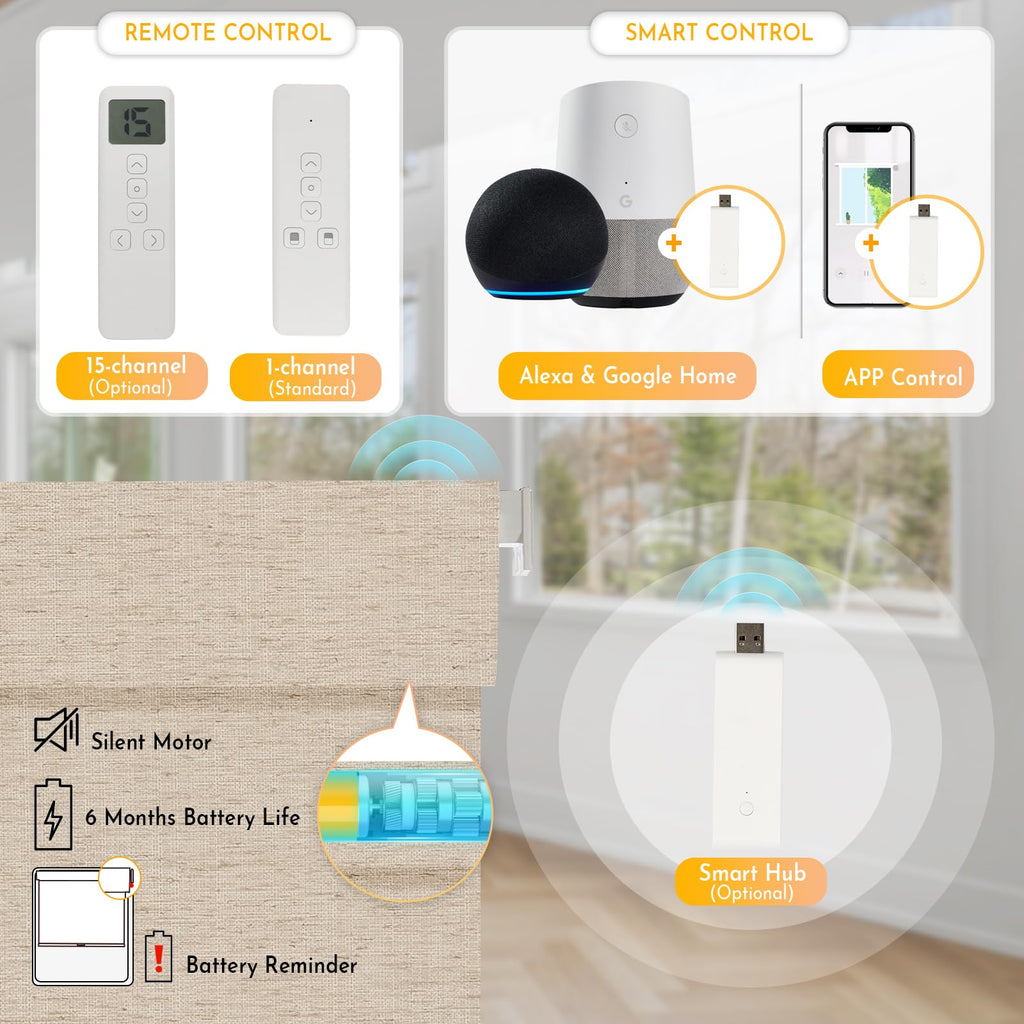 Smart Motorized Blinds with Remote, No Drill Automatic Roller Shades for Indoor Windows, Blackout Linen Fabric