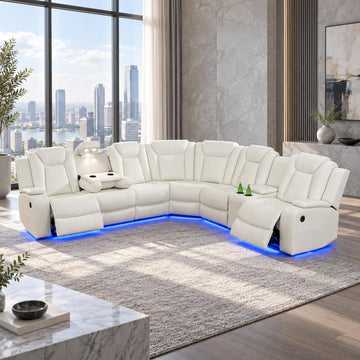 Power Reclining Sectional Sofa, Leather Reclining Couch, Modern Living Room Furniture Set with LED Lights, Cup