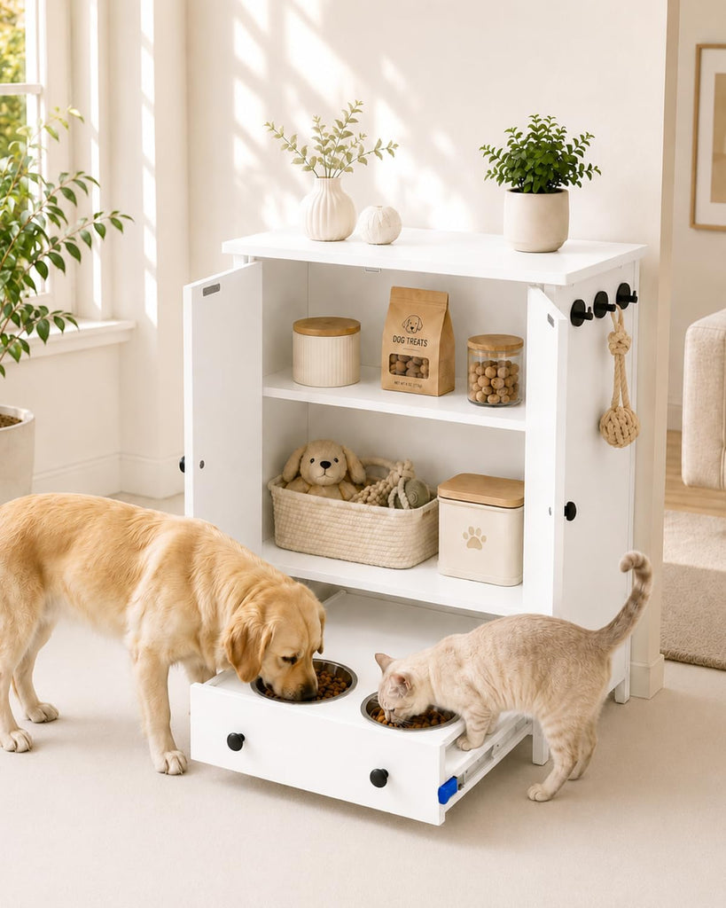 Dog Feeding Station with Storage Cabinet, Hidden Pull-Out Drawer