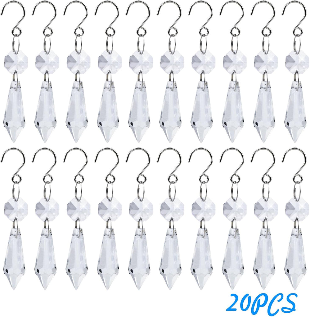 20pcs Clear Chandelier Icicle Crystals Prisms Hanging Crystal Bead Pendants Ornaments Replacements with Hooks for