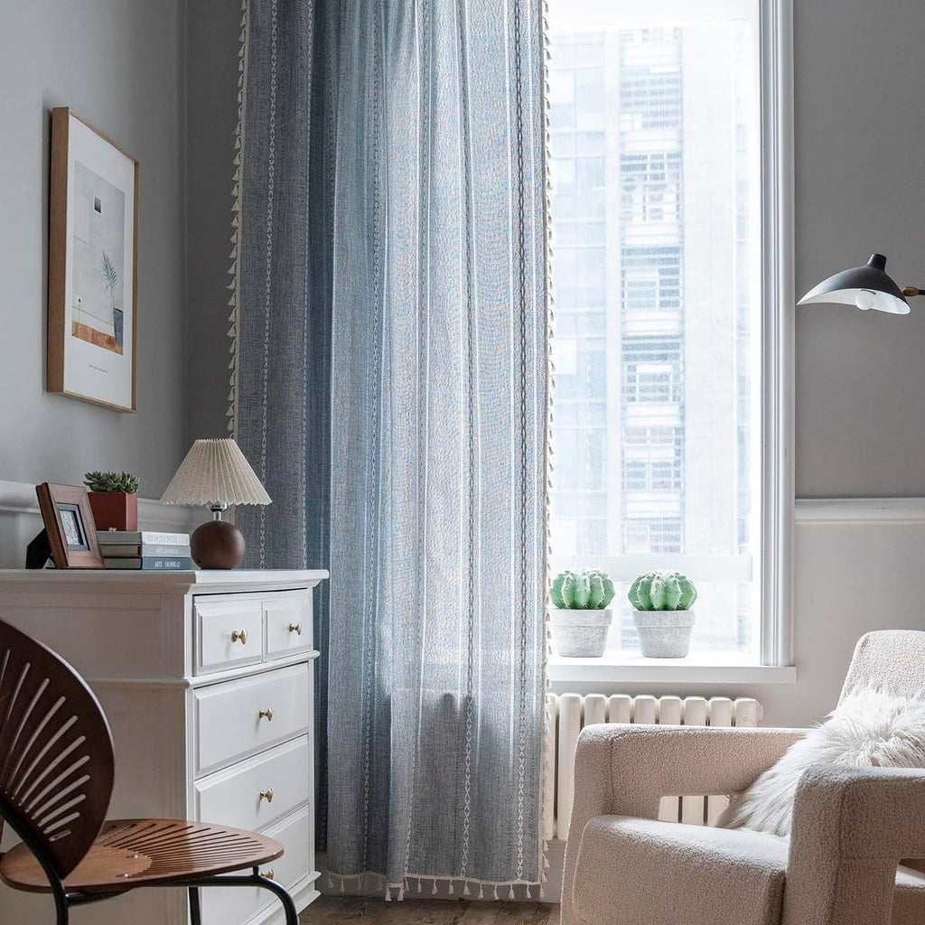 Blue Boho Curtains Linen-Textured Bedroom Light Filtering 2 Panels 63 Inch Farmhouse Embroidered Striped Curtains &