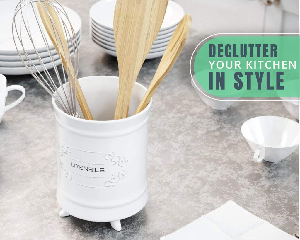 French White Ceramic Utensil Crock - French Country - Scroll Feet