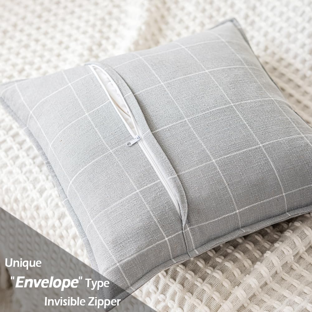 Gray Pillows Neutral Grey Plaid Linen Throw Pillow Covers 20x20 Set of 2