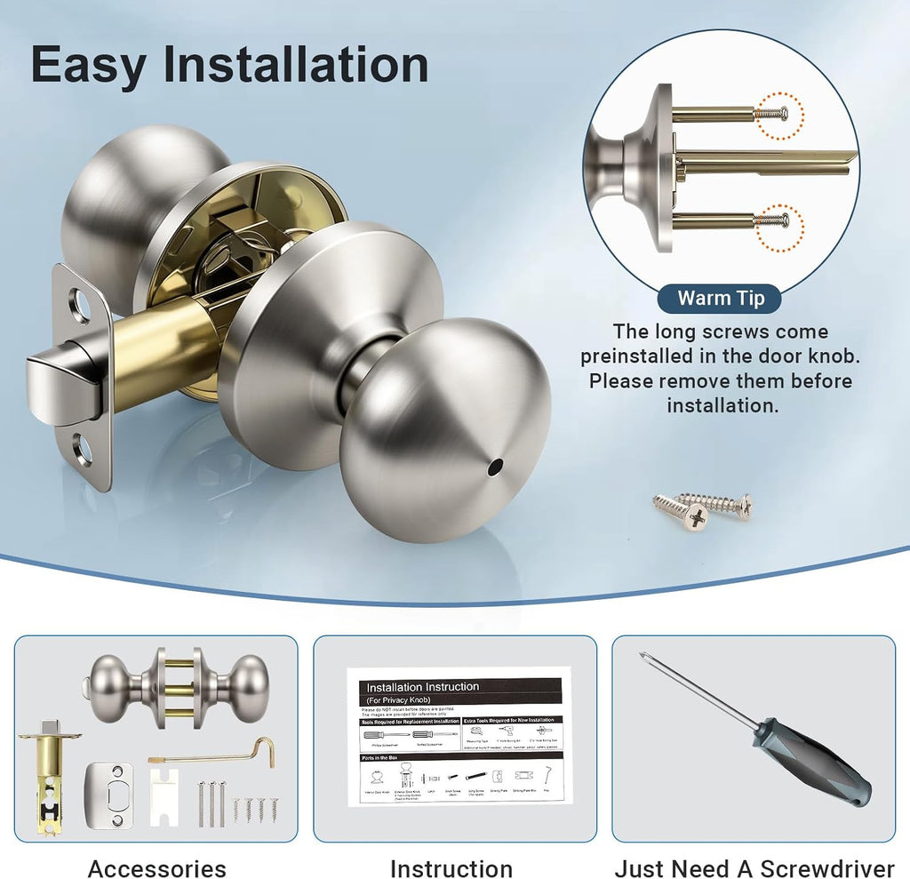 Brushed Nickel Interior Door Knobs, Keyless Privacy Door Knob Bathroom, Stainless Steel Indoor Door Knobset, Flat