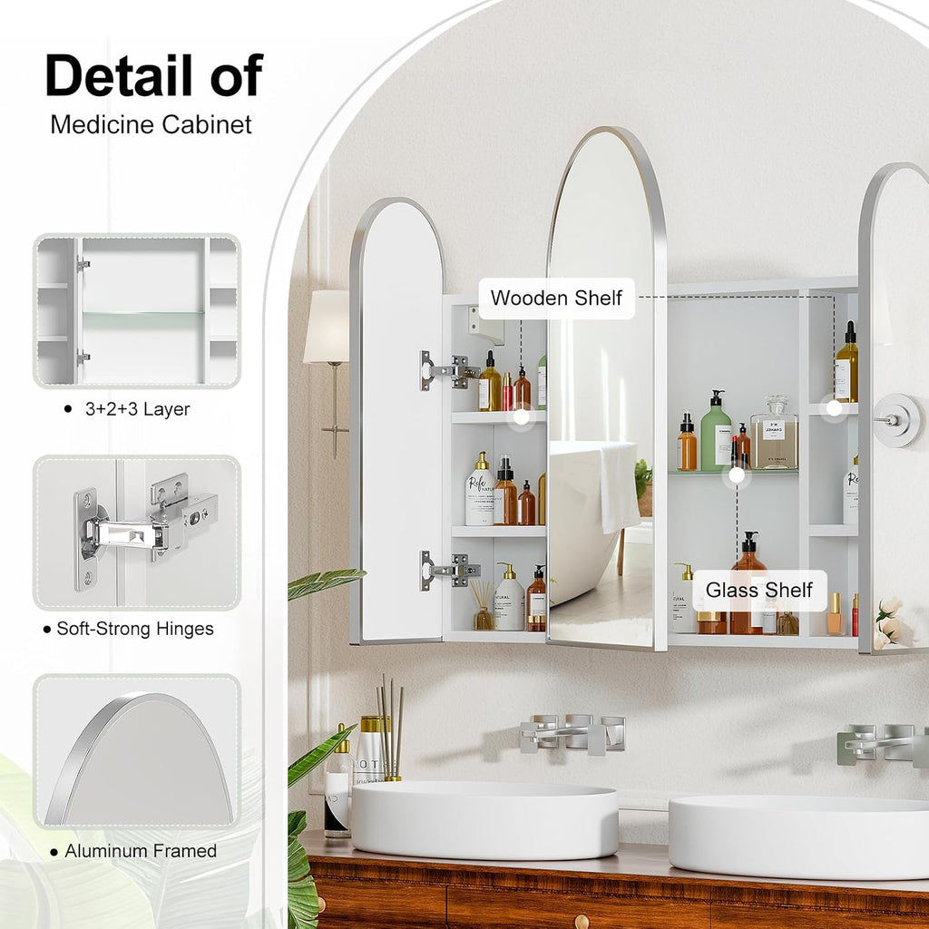 Triple Arched Brushed Nickel Medicine Cabinet,Medicine Cabinet with Mirror,3 Doors,Surface Mount Bathroom Mirror