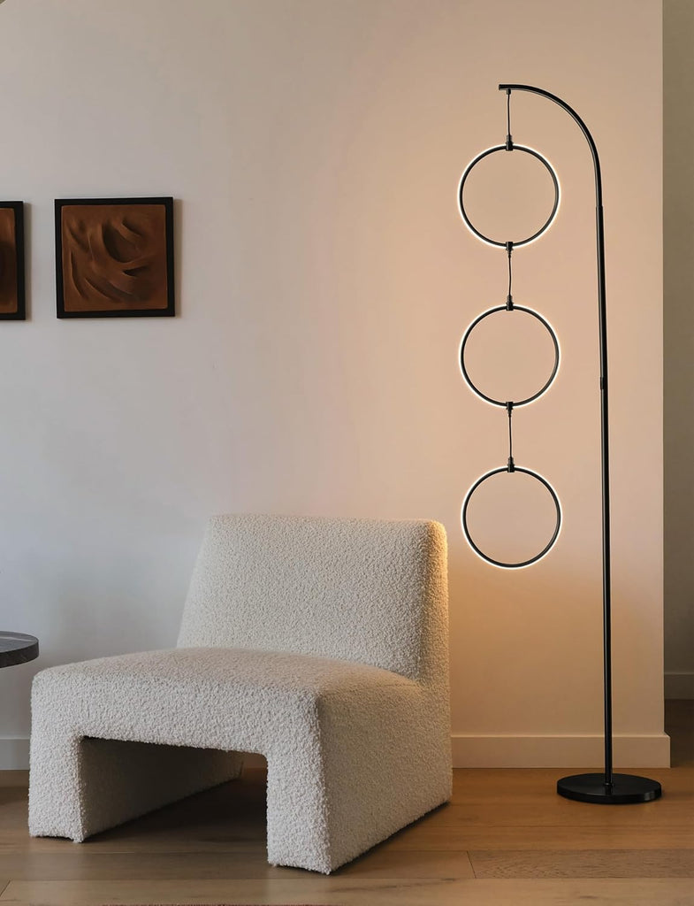 Nova Modern Floor Lamp Matches Living Room Décor - Contemporary Arc Tall Lamp with 3-Circle Ring-Style Pendant