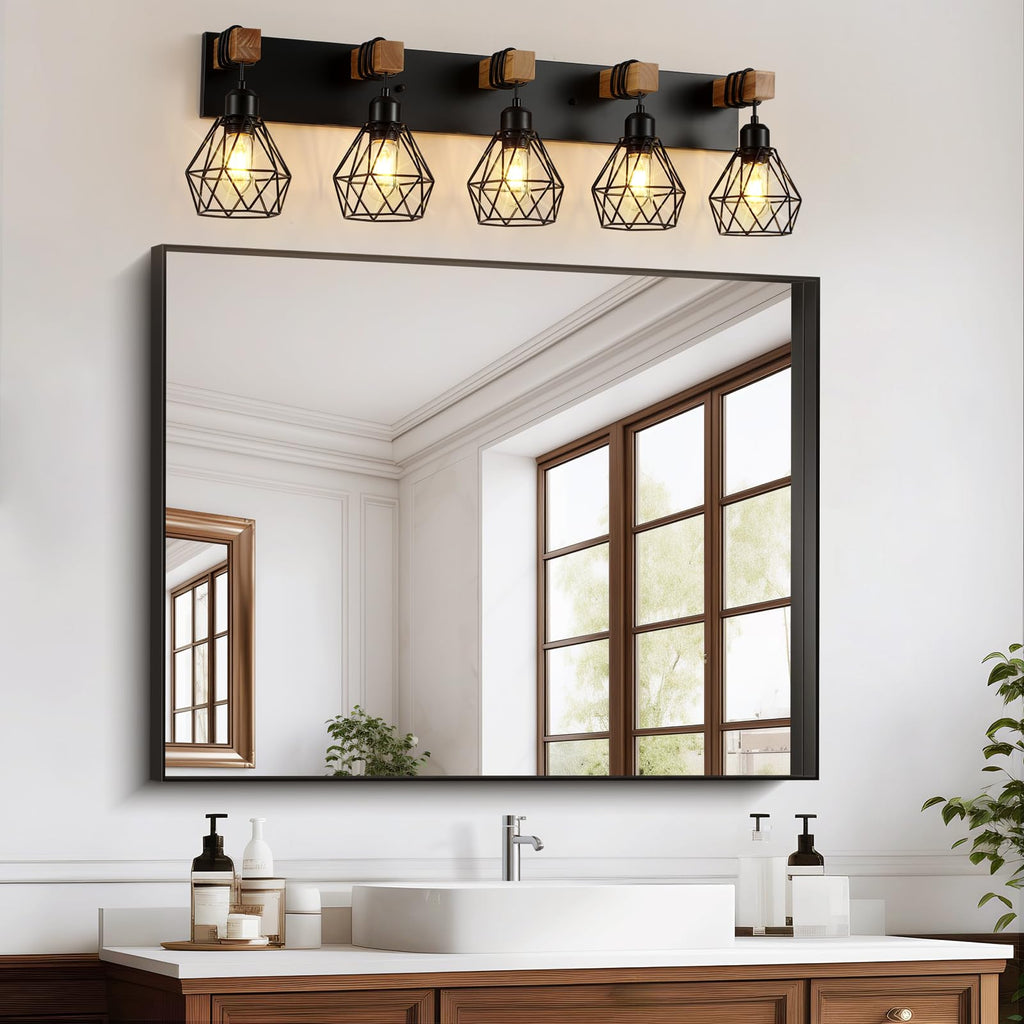 5 Light Bathroom Vanity Light, Farmhouse Black Fixture Over Mirror