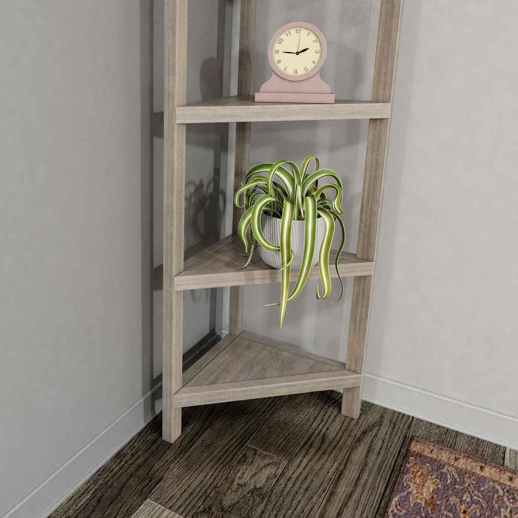 4-Tier Corner Traditional Wooden Bookcase in Washed Gray