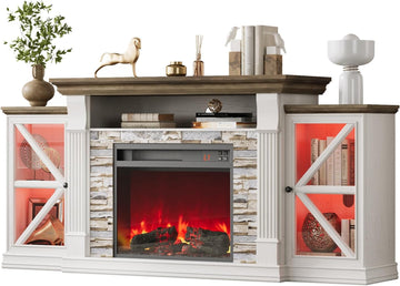 Electric Fireplace TV Stand, 70" Farmhouse Entertainment Center with Open Shelf and Glass Barn Door Cabniet, Modern