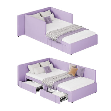Twin Daybed with 2 Storage Drawers, Corner Bed Frame with Extended Headboard and Bed Rails, Velvet Upholstered Sofa