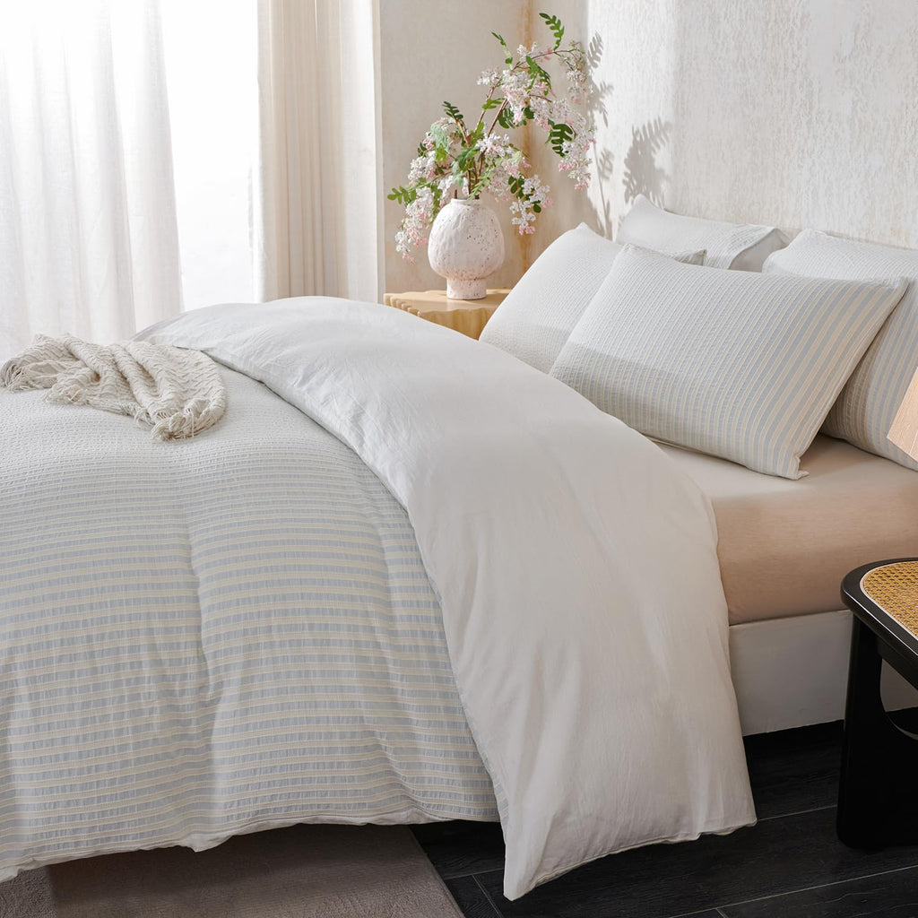 Comforter Set Light Blue Striped Soft Luxury Washed Cotton Jacquard 3 Pieces Bedding, Light Blue Vertical