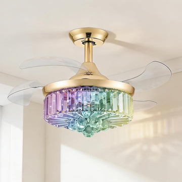 30" Retractable Crystal Ceiling Fan with Light, RGB Modern Fandelier 6 Speeds Reversible Blades Dimmable Remote App