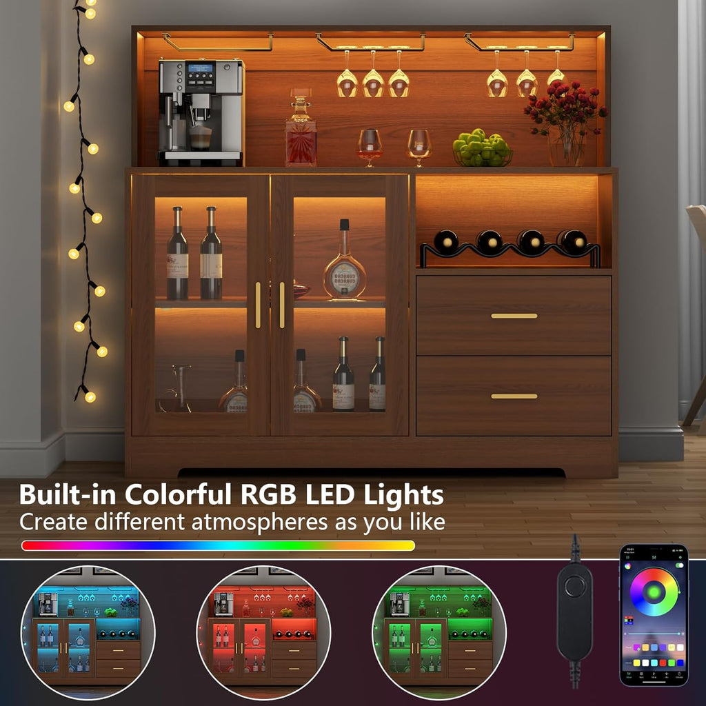 Bar Cabinet with LED Light,Coffee Bar Cabinet w/ Wine & Glass Rack | Kitchen Buffet Sideboard with Storage