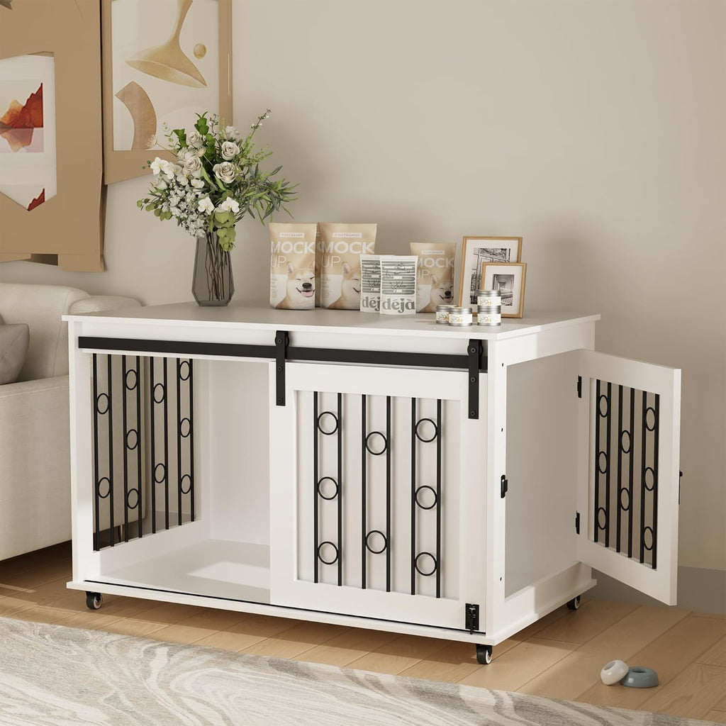 Dog Crate Furniture with Sliding Barn Door & Side Door, 39" Wooden Dog Kennel End Table for Small Medium Dogs, Indoor