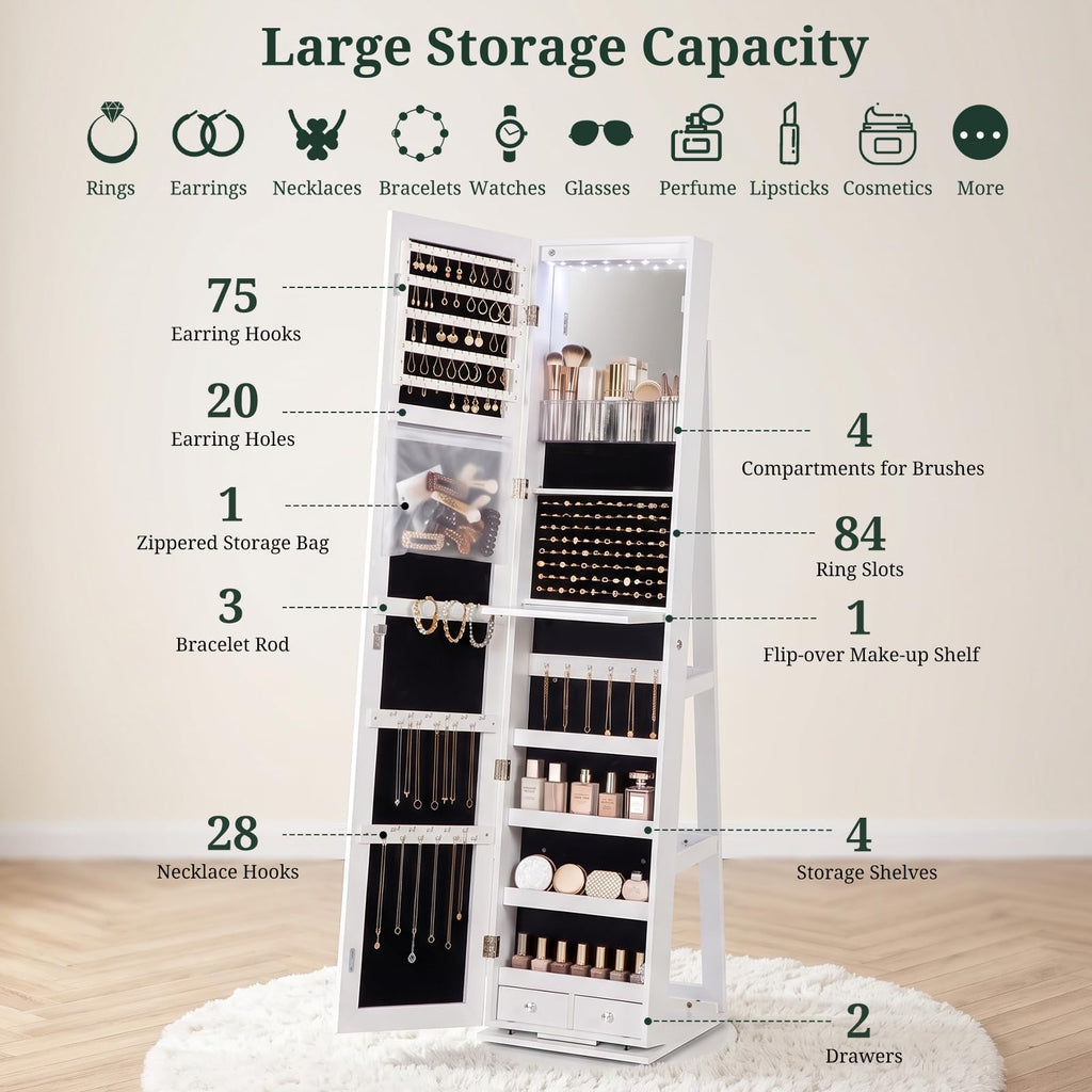 360° Swivel Jewelry Armoire Cabinet with Full Length Mirror, Lockable Jewelry Organizer with 6 LED Vanity Mirror, 3
