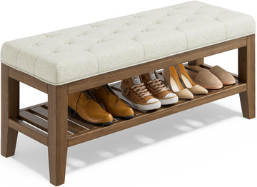 End of Bed Storage Bench, 42.9" Entryway Shoe Bench with Solid Wood Shelf, Upholstered Ottoman with Padded Seat