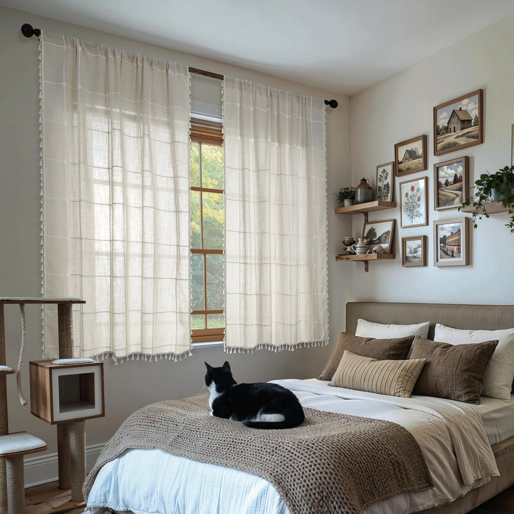 Beige Plaid Curtains, White Embroidered Gingham 63 Inch Boho Farmhouse Curtains & Drapes, Linen Texture Light