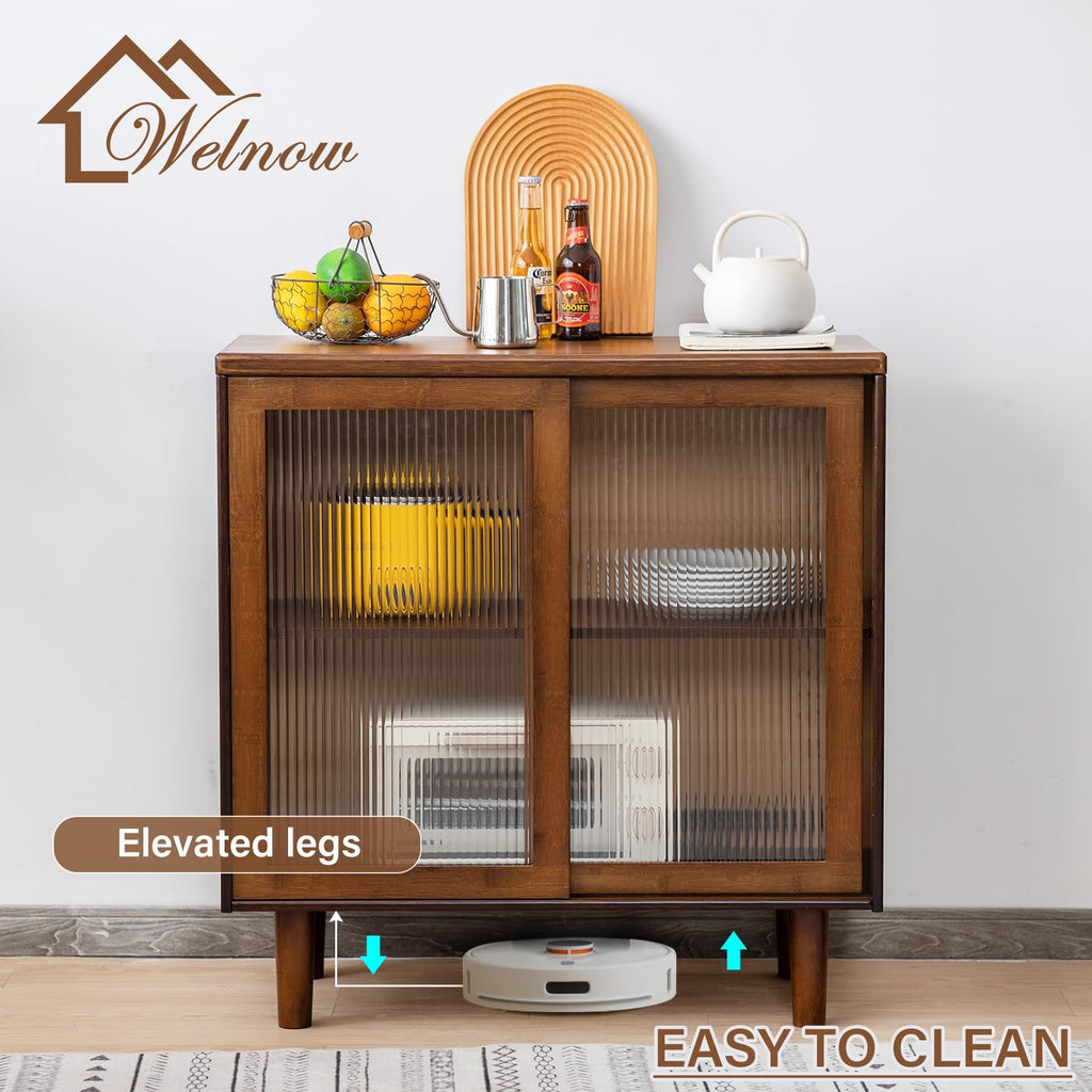 Buffet Cabinet, Bamboo Sideboard with Storage Kitchen Display Cabinet with 2-Tier Shelves Boho Coffee Bar Tables