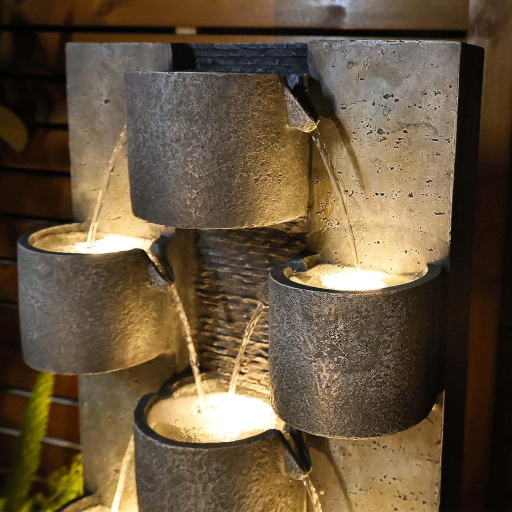 44.8" H Modern Outdoor Water Fountain with LED Lights and Pump, Mutiply-Tier Standing Cascading Waterfall