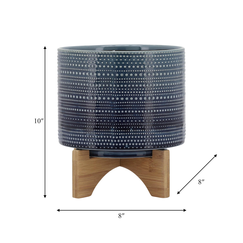 Dotted Decorative Planter Pot with Wood Stand - Ceramic Stoneware Outdoor & Indoor Plant Pot with Drainage Holes